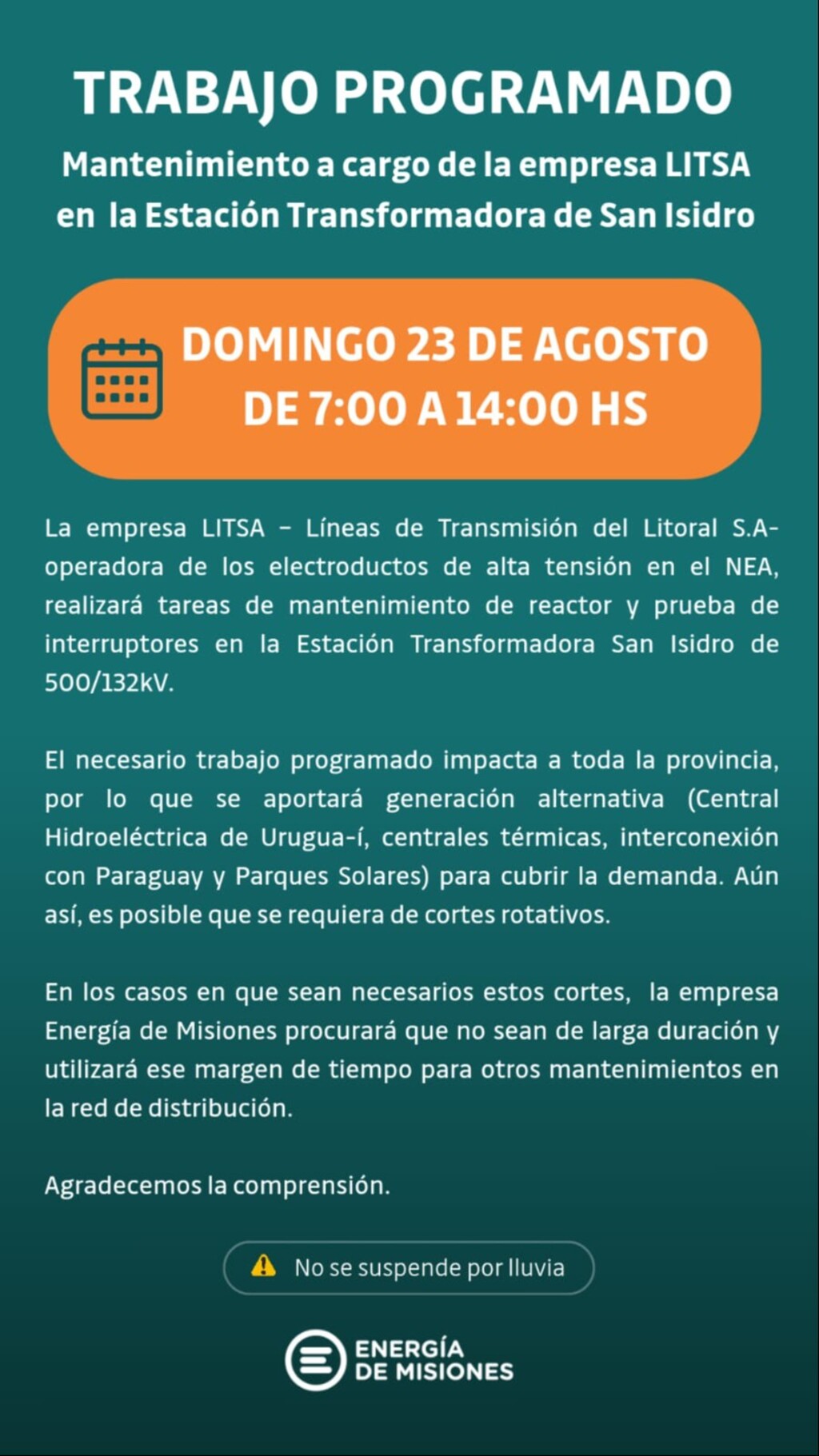 Informan sobre posibles cortes de energía por trabajo programado en la Estación Transformadora de San Isidro el domingo 23