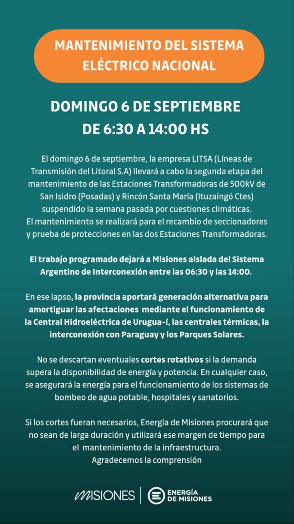 Este domingo se realizará mantenimiento del sistema eléctrico nacional 